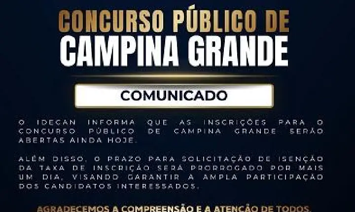 Concurso Público de Campina Grande terá inscrições abertas ainda hoje, informa IDECAN