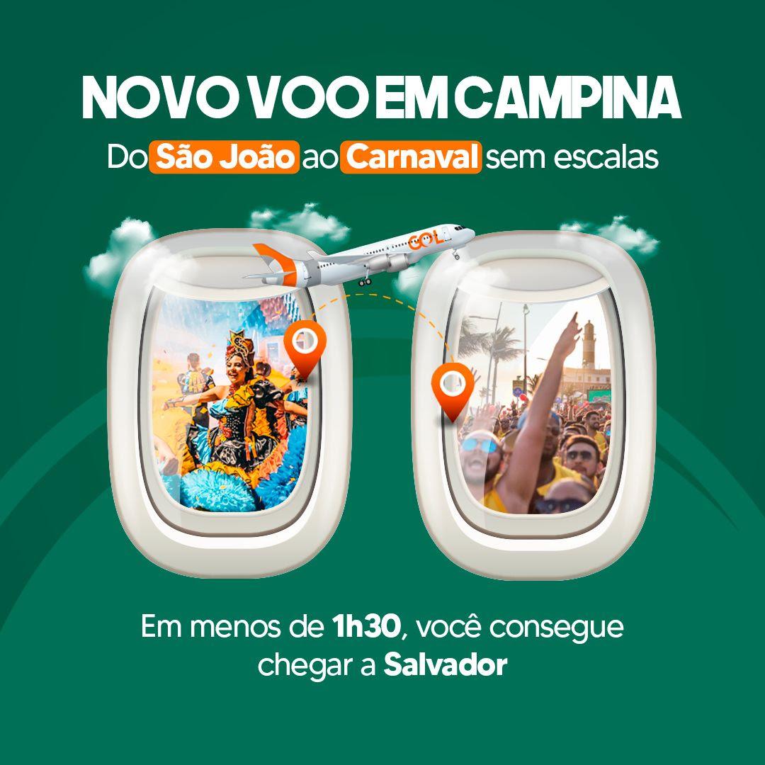 Turismo: GOL lança novo voo em Campina Grande com destino a Salvador