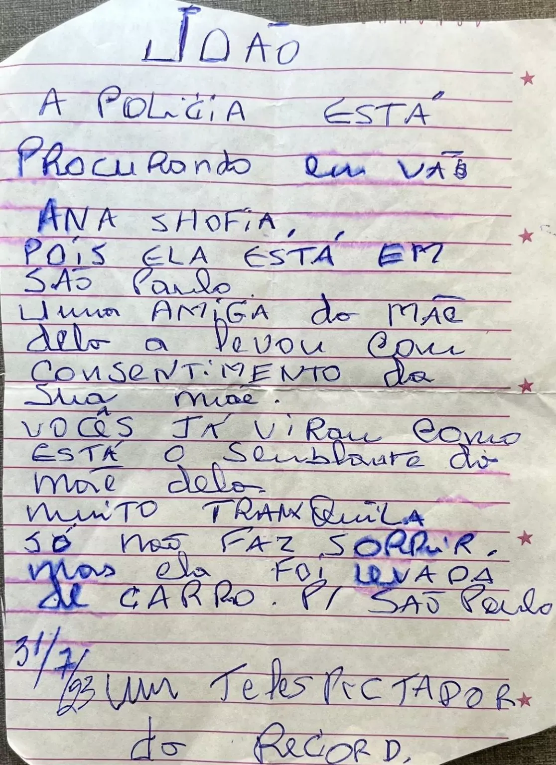 Carta anônima aponta possível paradeiro de Ana Sophia desaparecida há um mês em Bananeiras