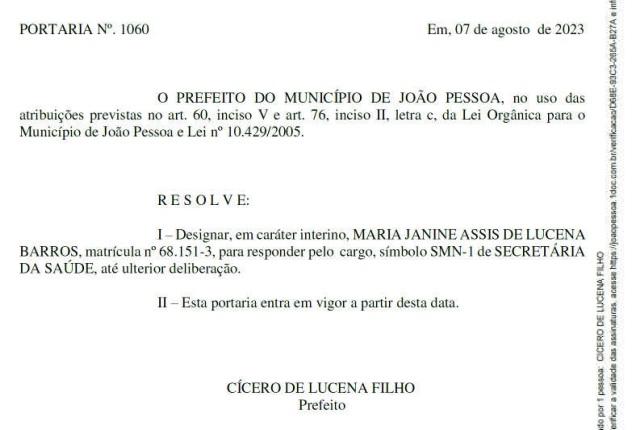 Janine Lucena é designada como secretária interina da Saúde de João Pessoa