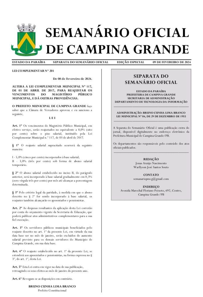 Sancionada a lei que garante o reajuste dos professores municipais de Campina Grande