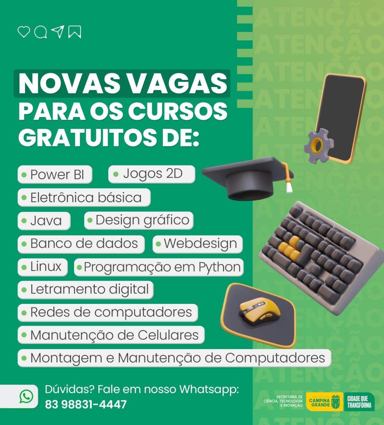 Prefeitura de Campina Grande por meio da Secti abre vagas para cursos gratuitos na área tecnológica