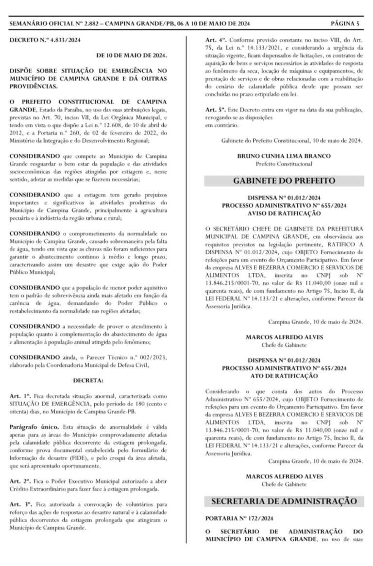 Decreto de emergência garante manutenção da Operação Carro-Pipa aos moradores da zona rural de Campina Grande