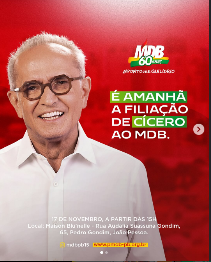 Ato de filiação do Prefeito Cícero Lucena ao MDB será nesta seguna-feira (17) em João Pessoa