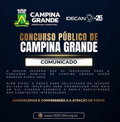 Concurso Público de Campina Grande terá inscrições abertas ainda hoje, informa IDECAN